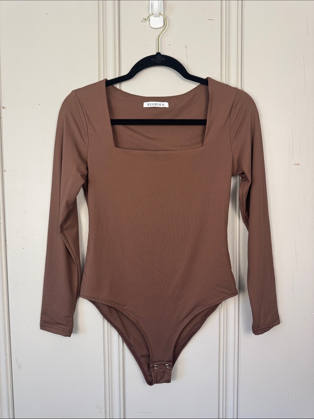 REORIA Brown Square Neck Bodysuit Womens Medium Long Sleeve Double Lined Top
